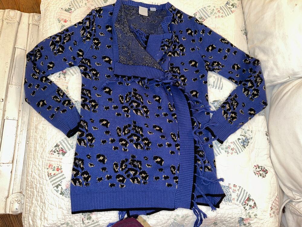 BOHO BLUE ANIMAL PRINT LEOPARD FRINGED CARDIGAN SWEATER S/M